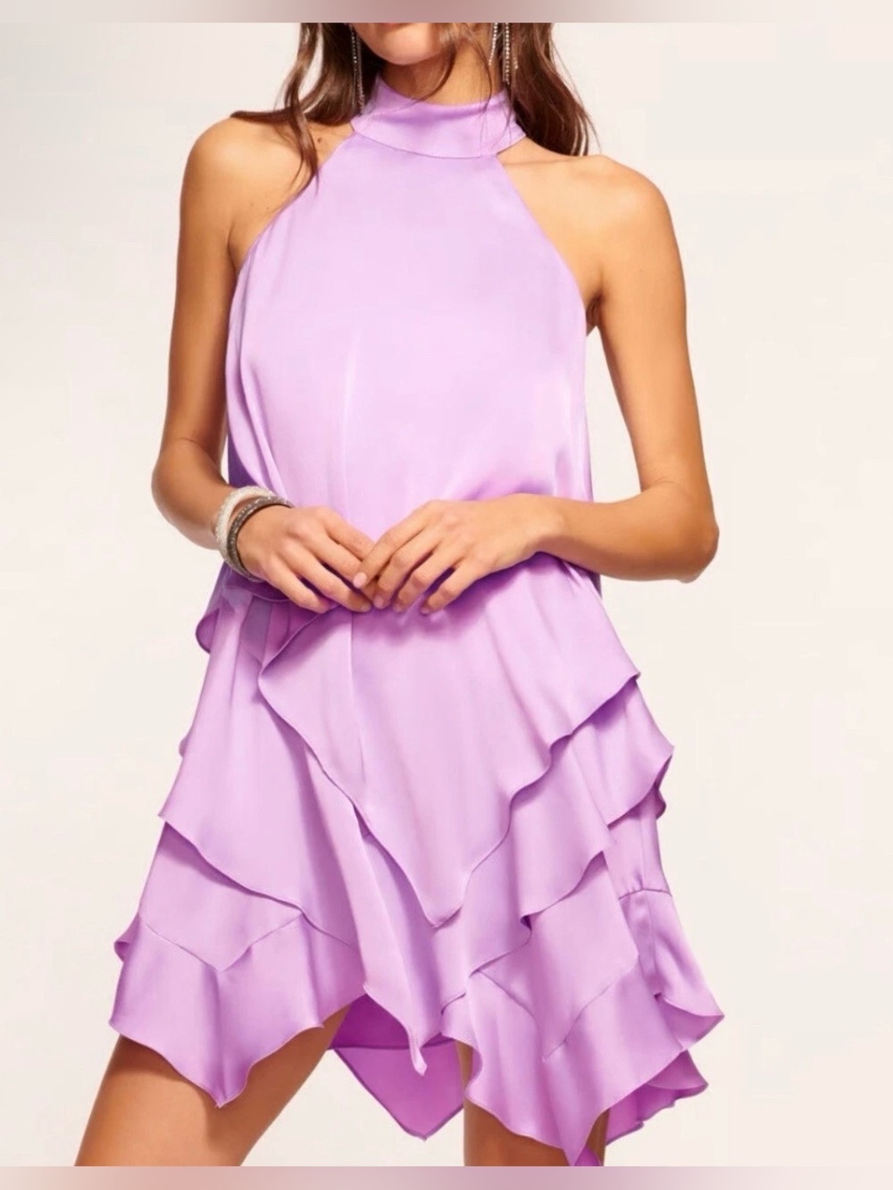 Ramy Brook Lilac Asymmetrical Halter Ruffle Dress - Size XL NWT